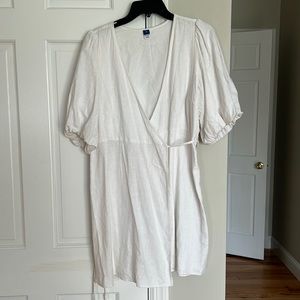 White puff sleeve wrap dress